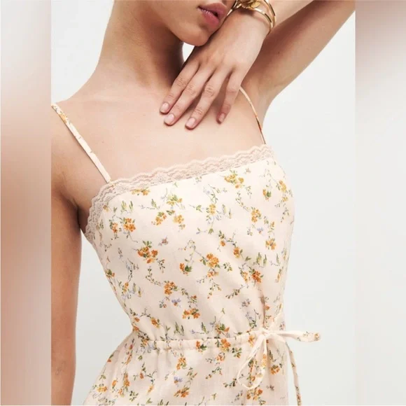 NWOT Reformation Julius Neena Linen Dress Butter Yellow Floral Size 2 Midi